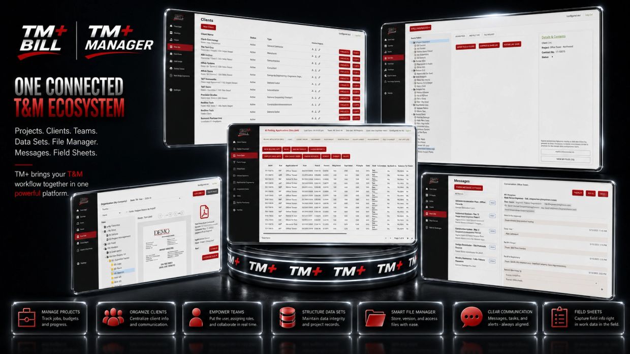TM+ ecosystem unifies project, client, and team management with data and communication tools.