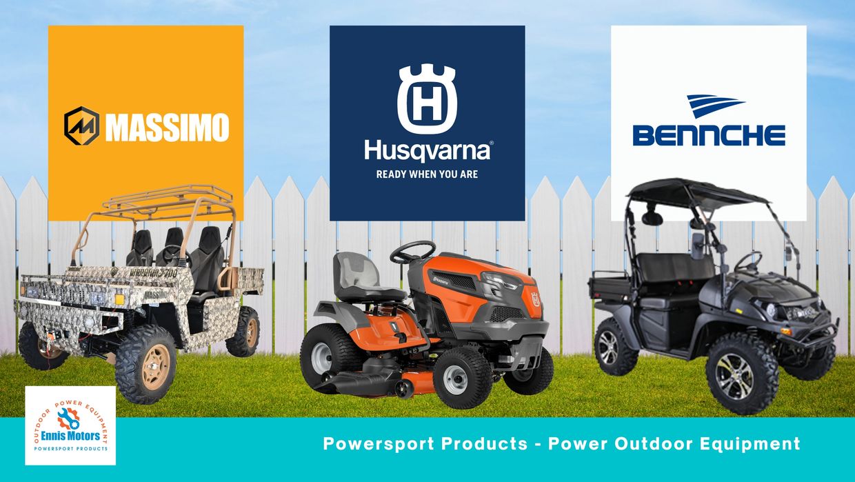 Images of three brands of powersport products and outdoor power equipment.