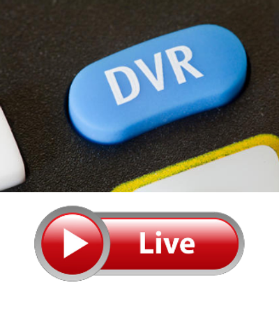 Close-up of a blue DVR button and a red live streaming button.
