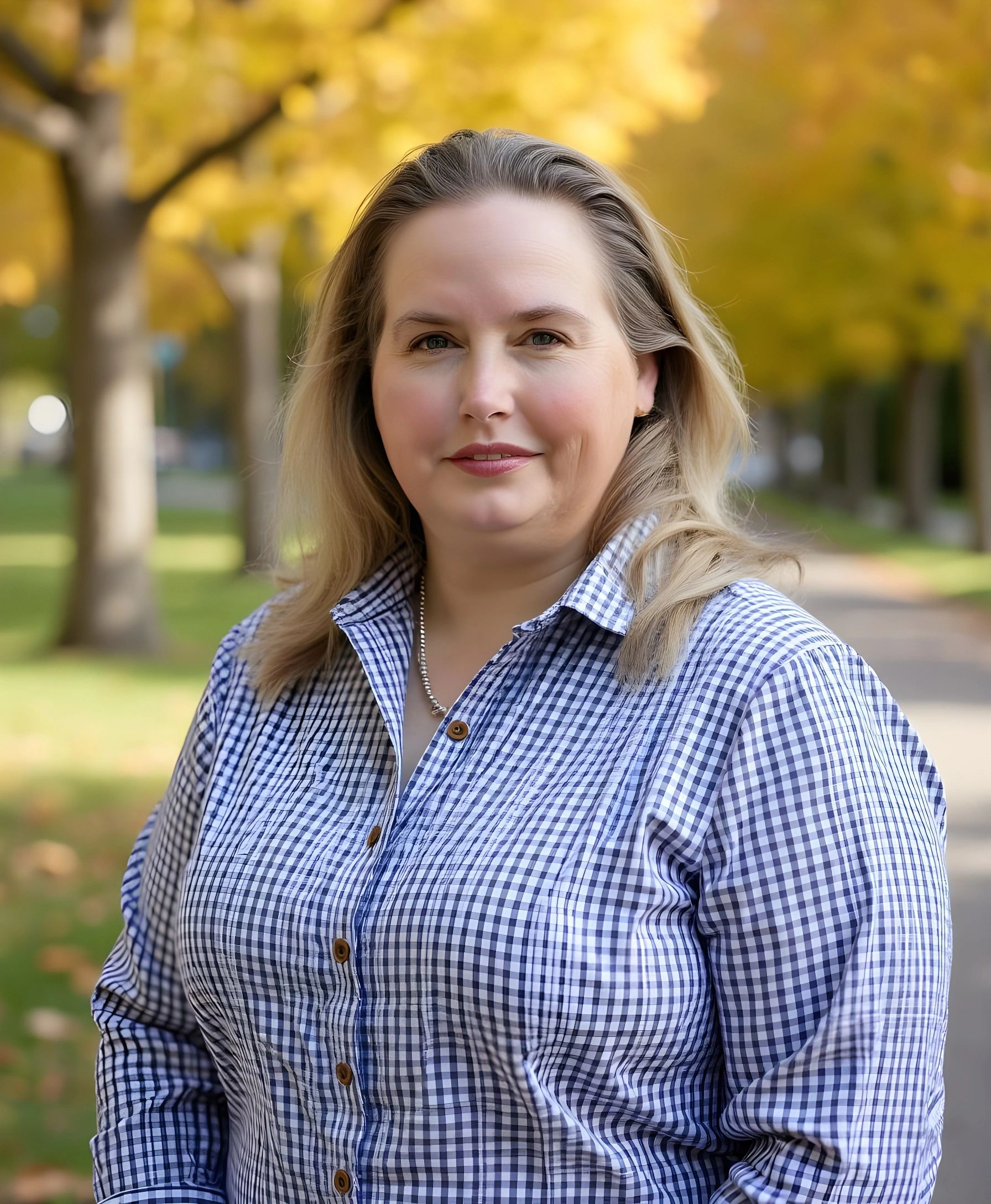 Smiling woman in a checkered shirt outdoors with autumn trees in the background.