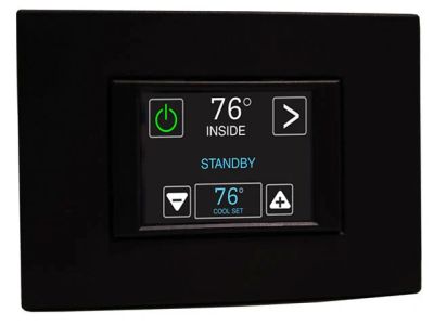 Digital thermostat displaying indoor temperature and standby mode.