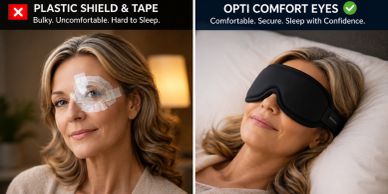 Comparison of eye protection: plastic shield and tape vs. Opti Comfort Eyes mask.