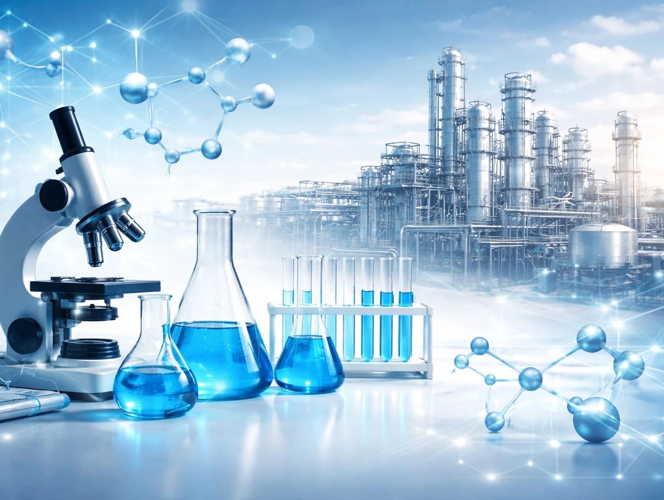 Laboratory glassware with blue liquid and a microscope in front of an industrial chemical plant.