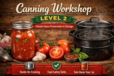 Graphic for Canning Workshop Level 2 featuring tomato sauce jars, canning tools, and hands training!