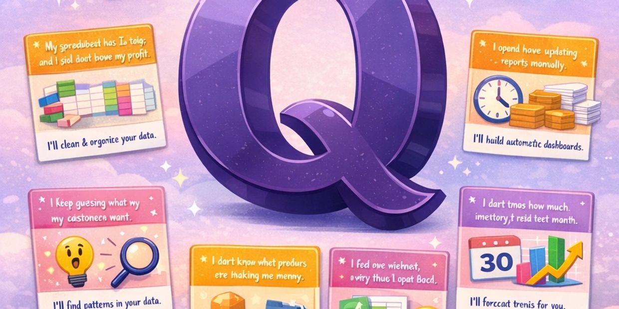 bold, 3D dark purple “Q” surrounded by floating charts and pastel data visuals.