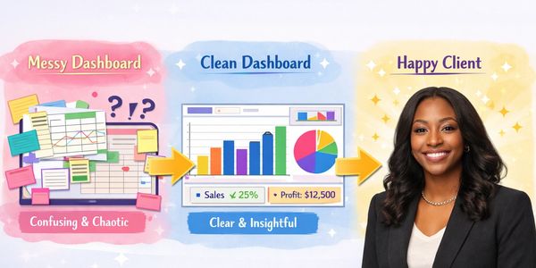 captures the transformation from a messy dashboard to a clean one, ending with a happy client.