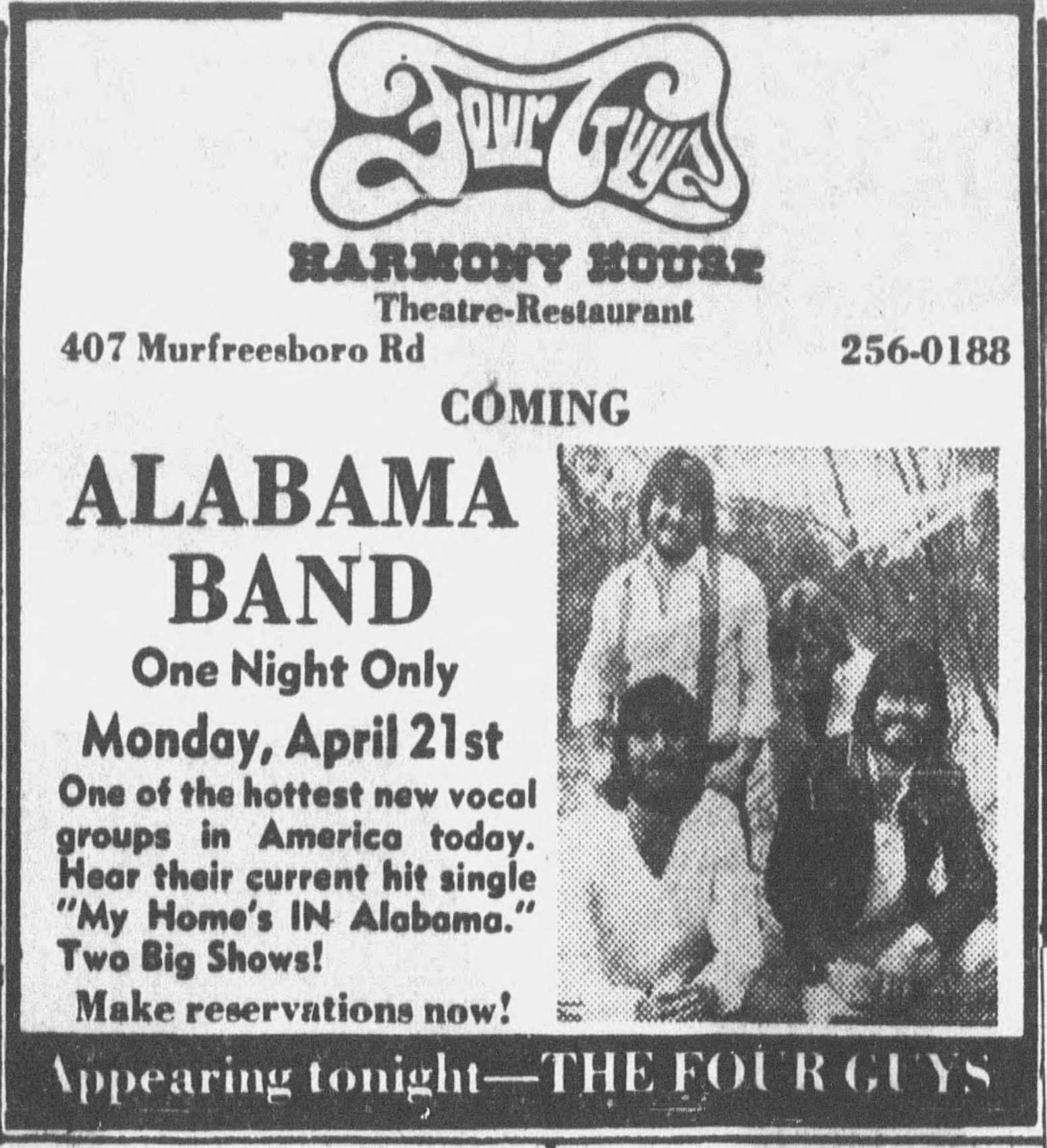 April 21, 1980: Alabama at the Harmony House Theatre & Restaurant in Nashville Tennessee