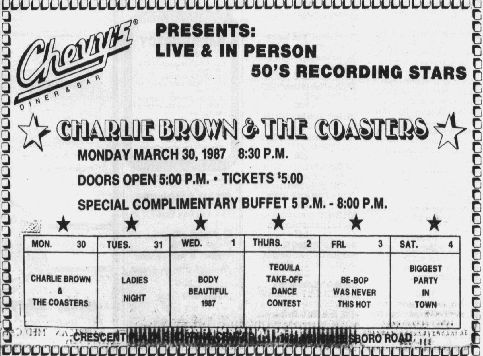 March 30, 1987: Charlie Brown & The Coasters at Chevy's in Nashville Tennessee