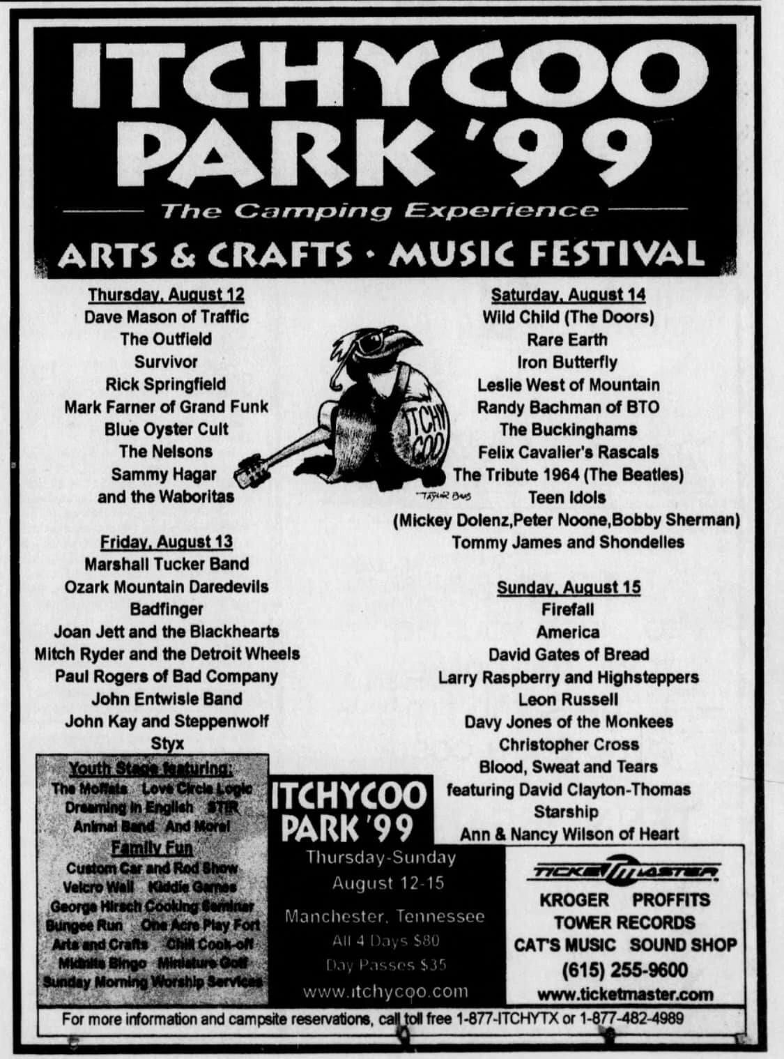 August 12-15, 1999: An all-star lineup at the "Itchycoo Park" 1999 in Manchester Tennessee