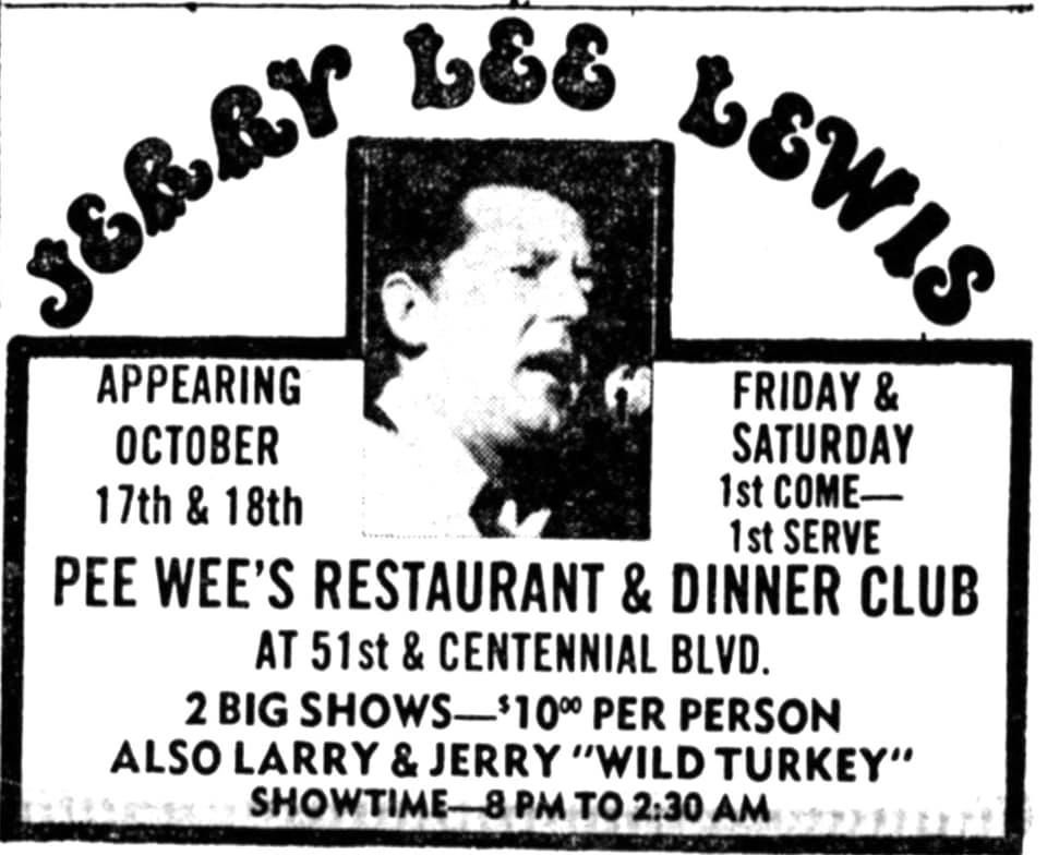 October 17 & 18, 1975: Jerry Lee Lewis at Nashville's Pee Wee's Club.