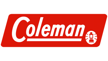 Coleman logo in bold white on red background with lantern icon.