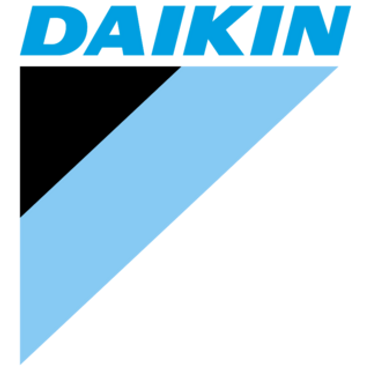 Daikin logo with blue text and diagonal design.