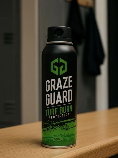 A can of Graze Guard on a light wooden bench in a locker room.