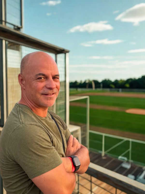 Man in green shirt standing with arms crossed near a sports field on a sunny day.