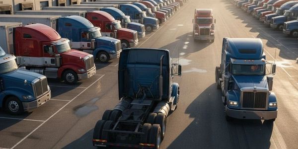 Rows of red and blue semi trucks parked in a large lot with a few trucks driving.