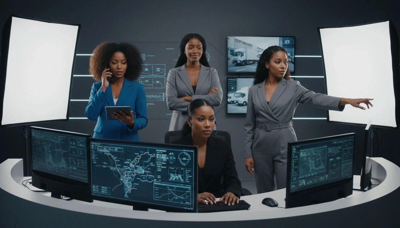 Four professional women working in a high-tech control center with multiple screens and data displays.