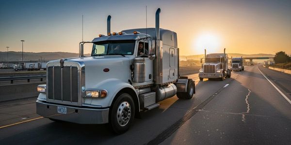 Three white semi-trucks driving on a highway during sunset.