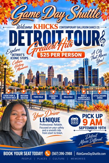 Flyer for Detroit tour shuttle service featuring iconic stops and driver Lenique.