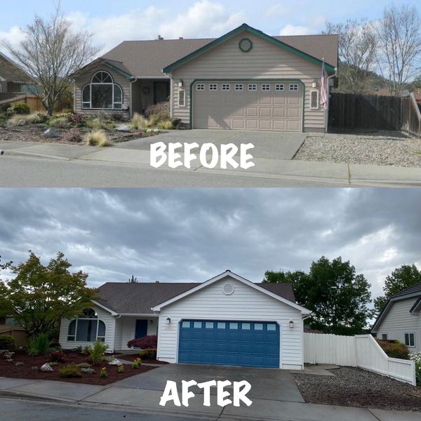 Exterior paint before and after.  Blue garage door ad white home. Painter in Grants Pass.