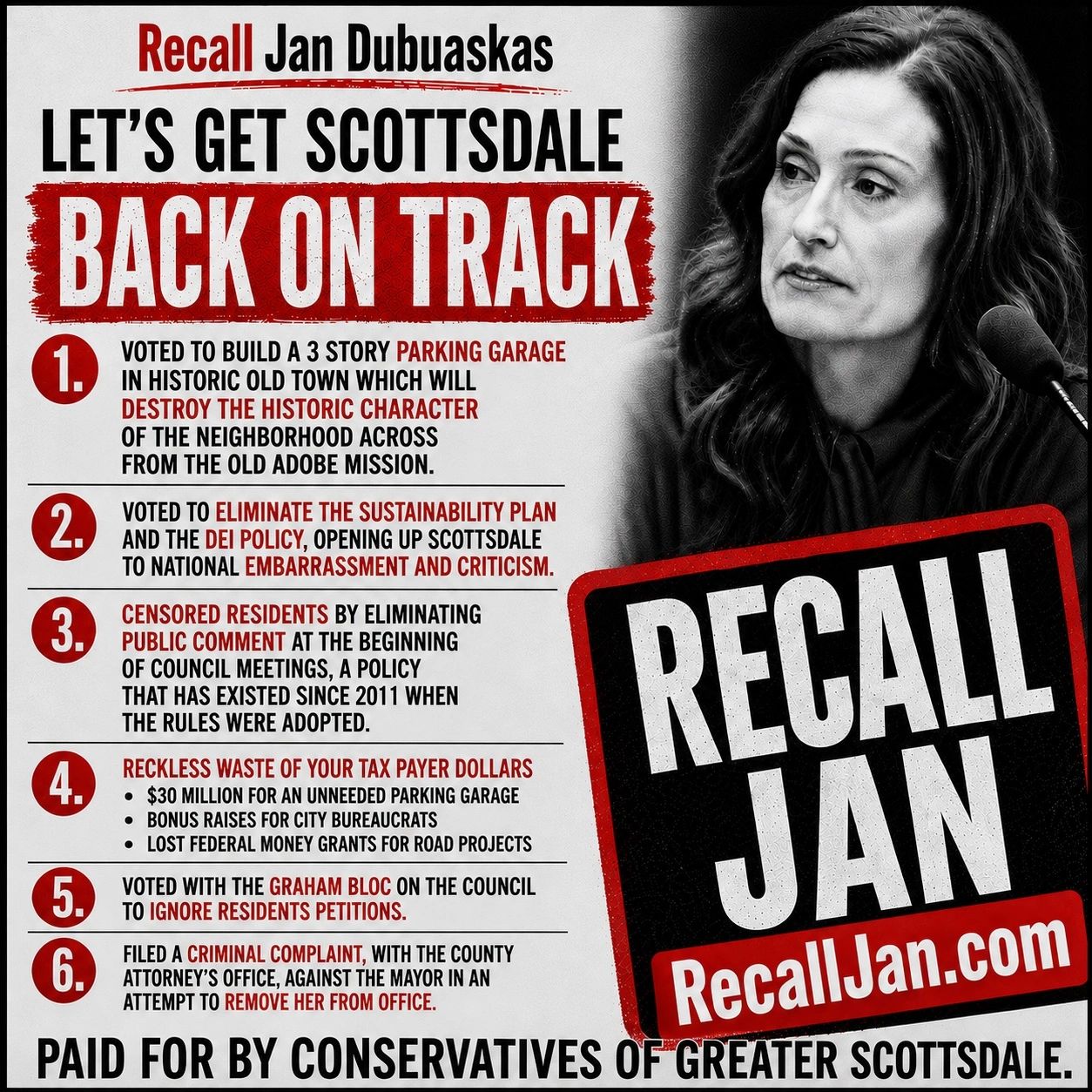 Political recall poster targeting Jan Dubuaskas with detailed accusations.