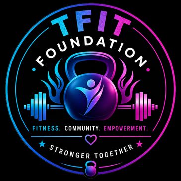 Colorful TFIT Foundation logo with fitness and empowerment themes.