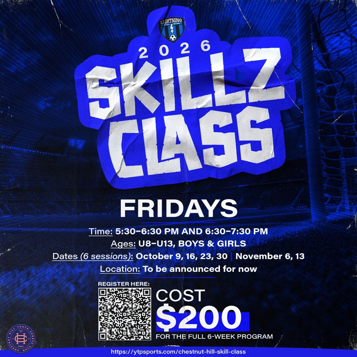 Skillz Class for U8-U13 boys and girls on Fridays, $200 for 6 weeks.
