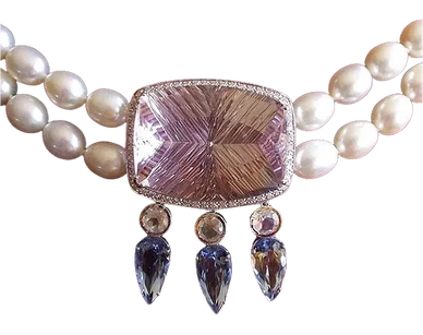 Freshwater Pearl Necklace
with 18kt White Gold Pendant set with Amethyst, Faceted Moonstones and Iol