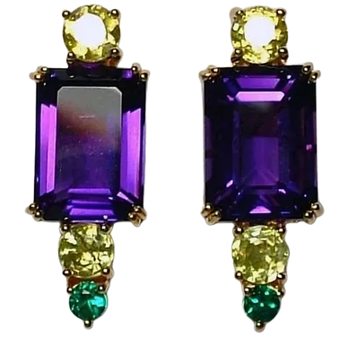 18kt Yellow Gold Earrings 
set with Heliodor, Amethyst & Emerald