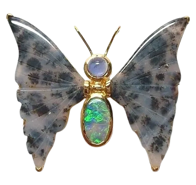 18kt Yellow Gold Moth Pin
set with  Iolite, Opal 
& Dendritic Quartz