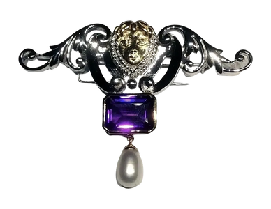 18kt White Gold Brooch
set with an Octagon Cut Amethyst 
& a Fresh Water pearl Drop