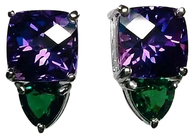 18kt White  Gold Earrings
with Cultured color Change Sapphire & Cultured Emerald
