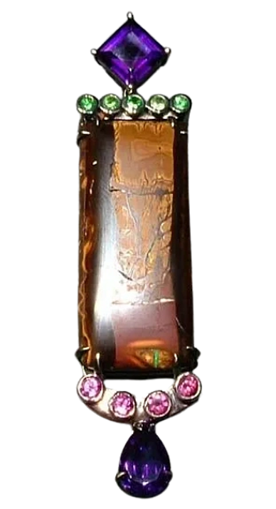 A Blackened Silver Pendant
set Amethyst, Tsavorite, Australian Boulder Opal and Pink Tourmaline