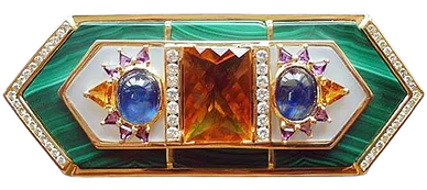 18kt Yellow Gold Pendant
set with Diamonds, Malachite, Mother of Pearl, Amethyst, Citrene 
& Blue Sa