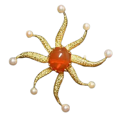 18kt Yellow Gold Brooch
set with Mexican Fire Opal
& Akoya Pearls