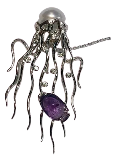 18kt White Gold Octopus Pin
set with a carved Amethyst, Diamonds
& a South Sea Pearl