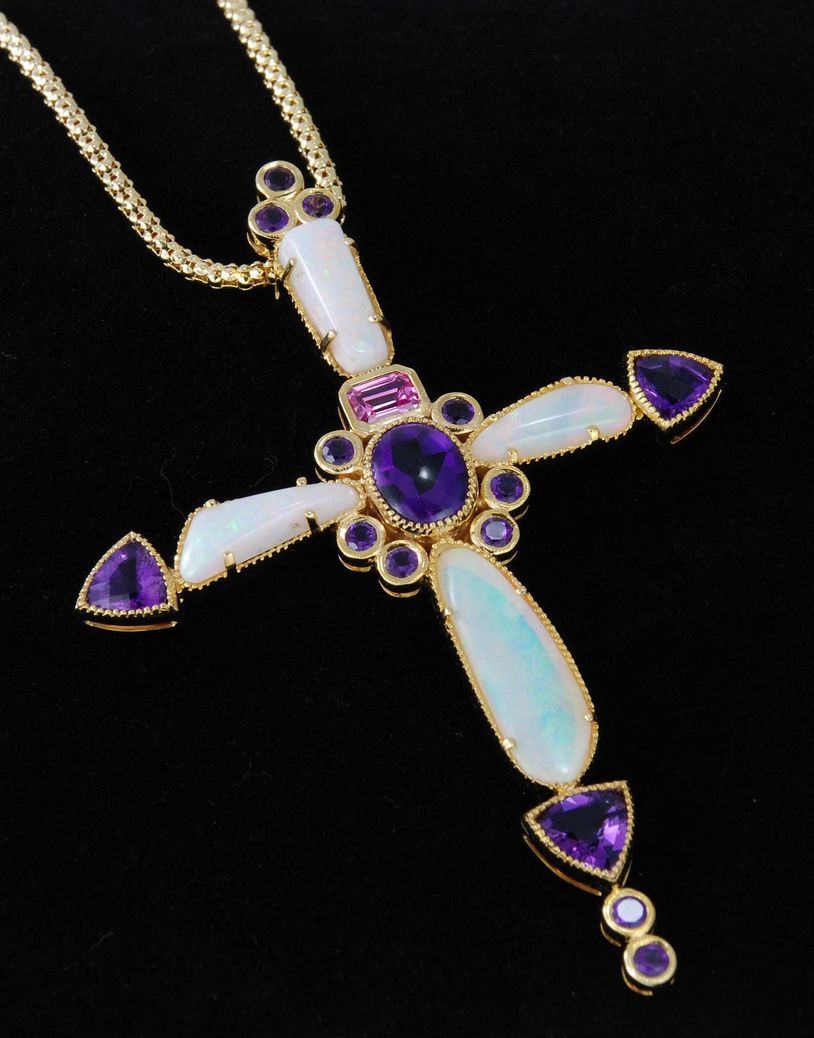 14kt Yellow Gold Cross Pendant set with Australian Opals, Amethysts and a Pink Sapphire