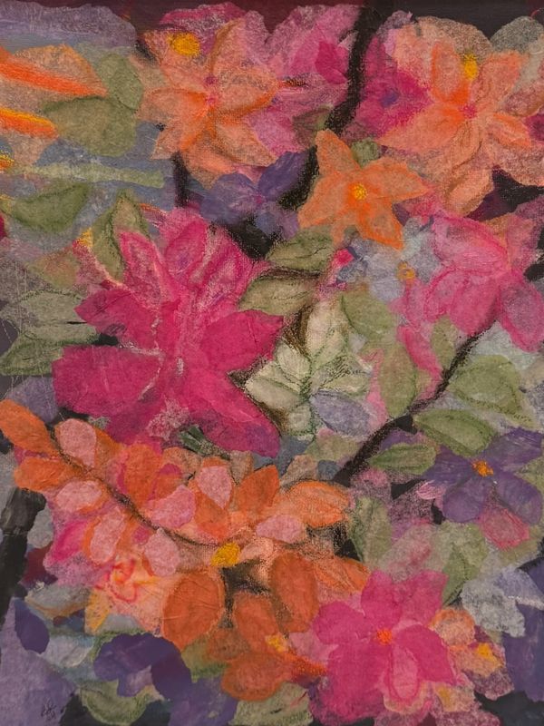 Pastel artwork of vibrant flowers in pink, orange, and purple hues with green leaves.