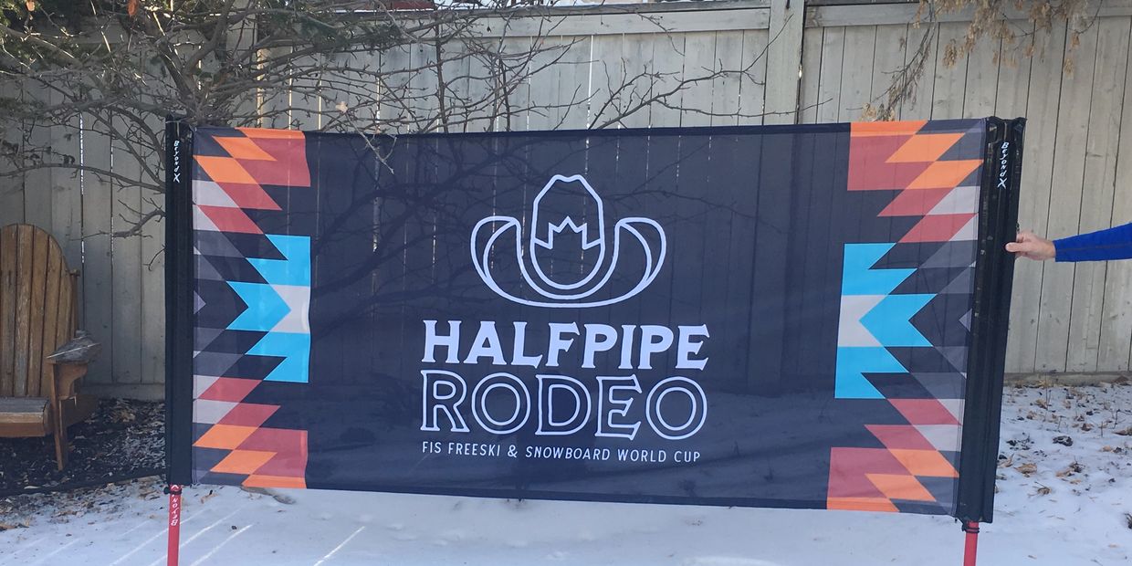 Banner for Halfpipe Rodeo snow sports event in a snowy backyard.