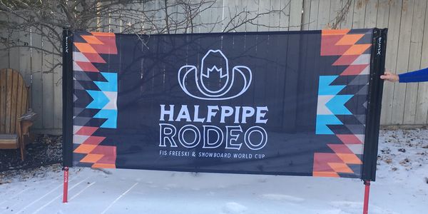Banner for Halfpipe Rodeo snow sports event in a snowy backyard.
