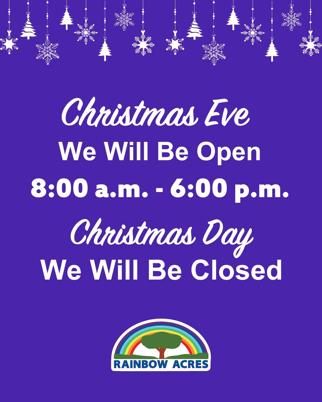 holiday hours with white ornaments on purple background