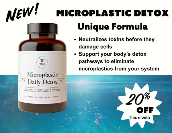 Microplastic daily detox - bottle of supplements shown over an underwater view of plastics in the oc
