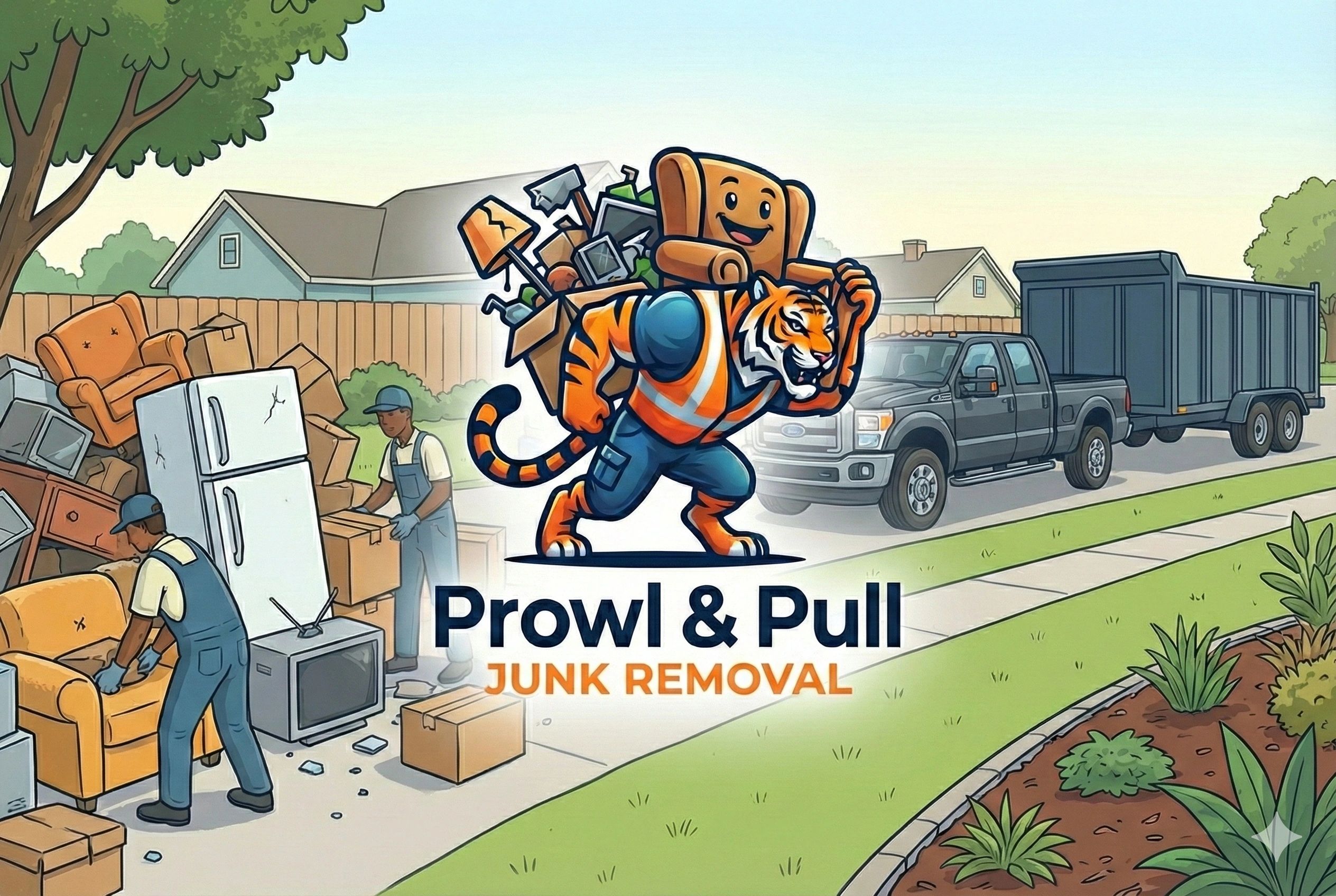 Tiger mascot carrying furniture for Prowl & Pull Junk Removal service.