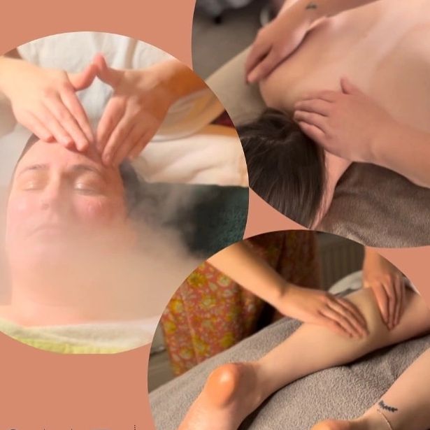 Collage of relaxing massage therapy sessions on face, back, and leg.