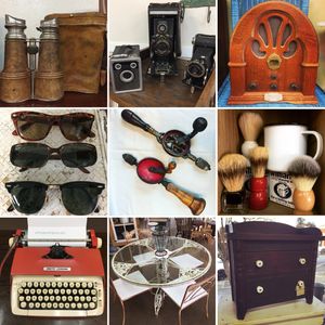 typewriter, vintage cameras, ray bans, furniture, shaving, civil war binoculars, hand drills, radio