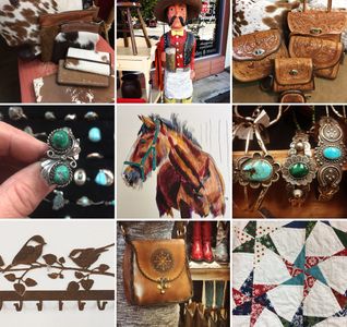 sterling jewelry, turquoise, quilts, tooled leather bags, purses, paintings, art, folk art