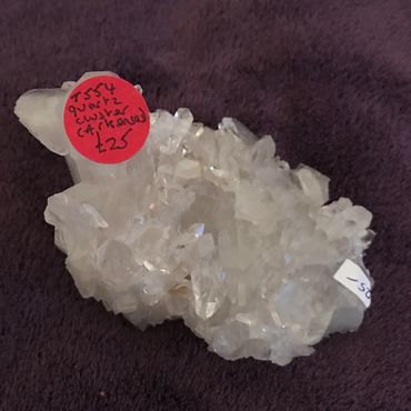 Quartz crystal cluster with love bright points £25 from Arkansas. Code T554 weight 247g