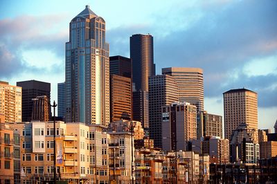 Seattle buildings skyline with sun shining on windows