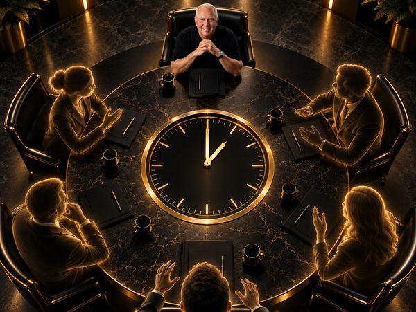 Business meeting around a clock-themed table with glowing outlines of participants.