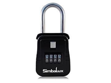Black Simbalux combination lock with four dials and a silver shackle.