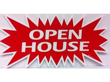 Bright red sign with white text saying 'OPEN HOUSE'.